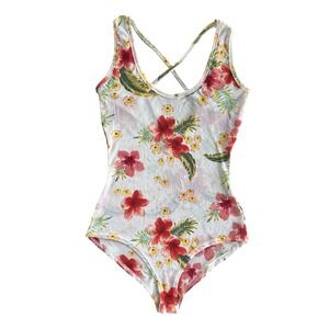 LA Gypsy Women OS White Pink Tropical Floral Cross Back Tank Sheer Mesh Bodysuit